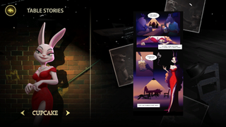 A bunny character wearing a red dress named Cupcake with comic book panels beside her