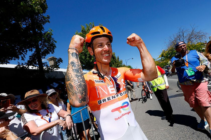 NAIRNE, AUSTRALIA - JANUARY 23: Stage winner Sam Welsford of Australia and Team INEOS Grenadiers reacts after the 26th Santos Tour Down Under 2026, Stage 3 a 140.8km stage from Henley Beach to Nairne / #UCIWT / on January 23, 2026 in Nairne, Australia. (Photo by Con Chronis/Getty Images)