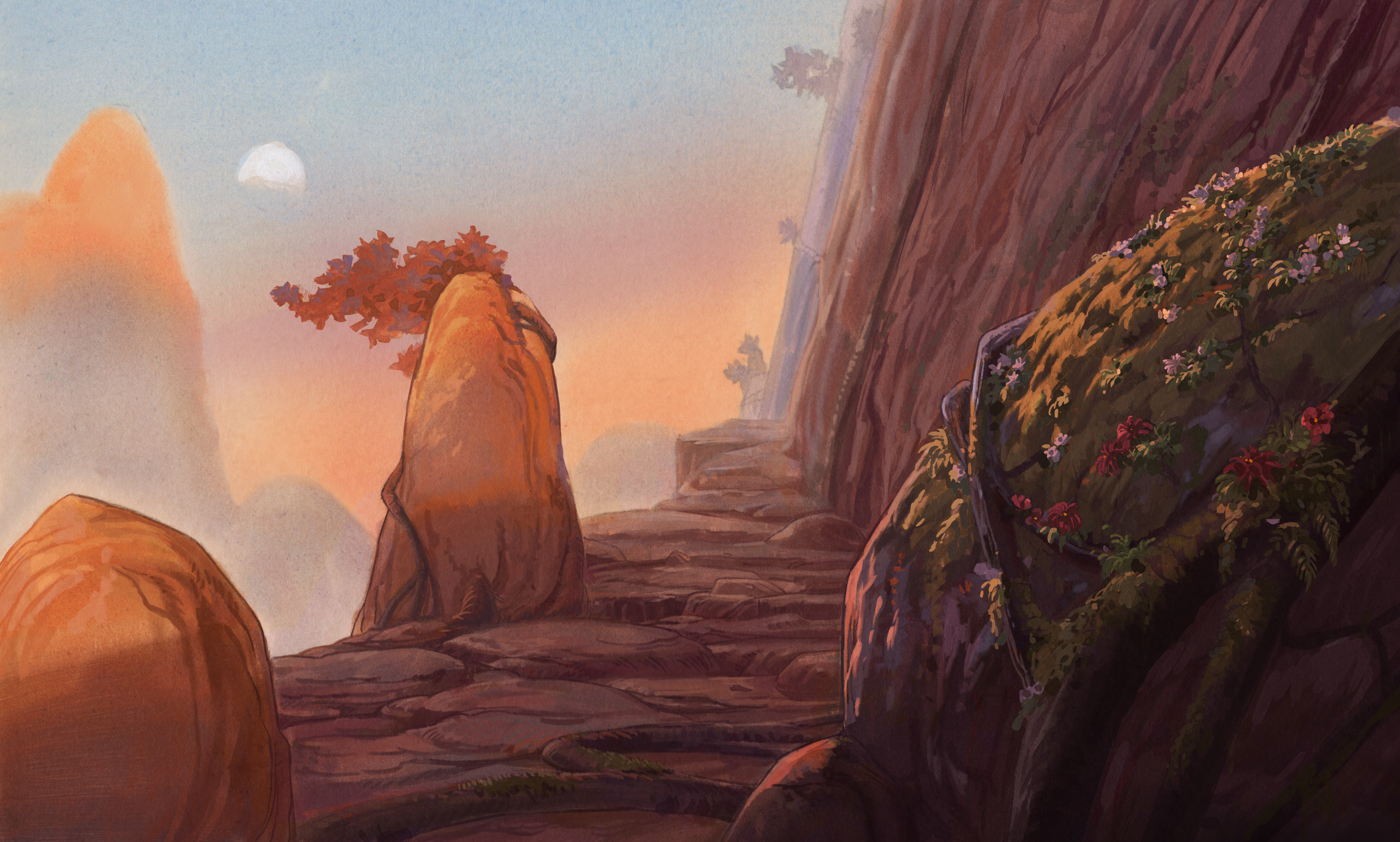 Painted backgrounds of caves and lakes for an animated movie