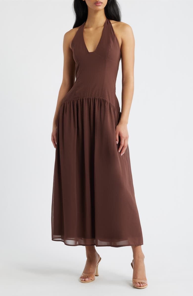 Chestnut Halter Neck Drop Waist Maxi Dress