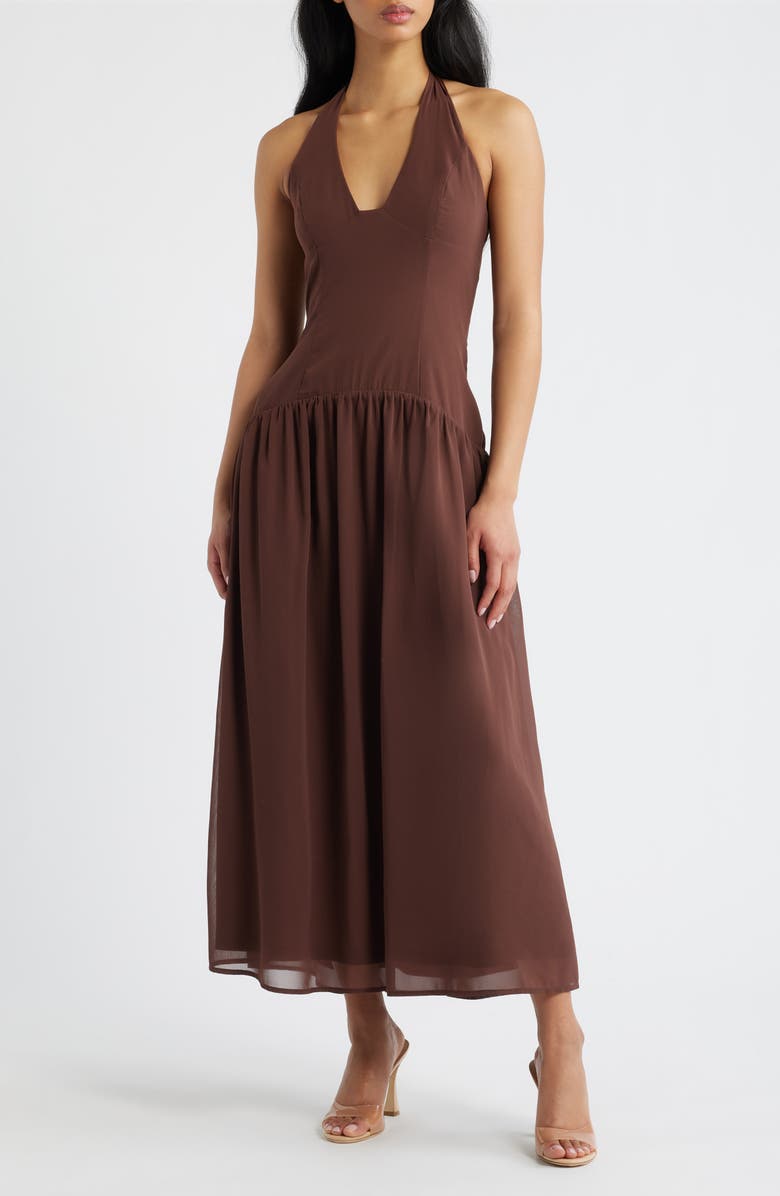 Chestnut Halter Neck Drop Waist Maxi Dress