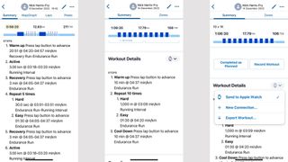 TrainingPeaks screenshots showing steps of three workouts and the screen to send the workout to the Apple Watch