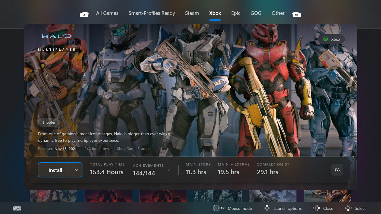 Winhanced Halo Infinite library page showcasing game details, total playtime, achievement progress, completion estimates, and unified launcher controls.