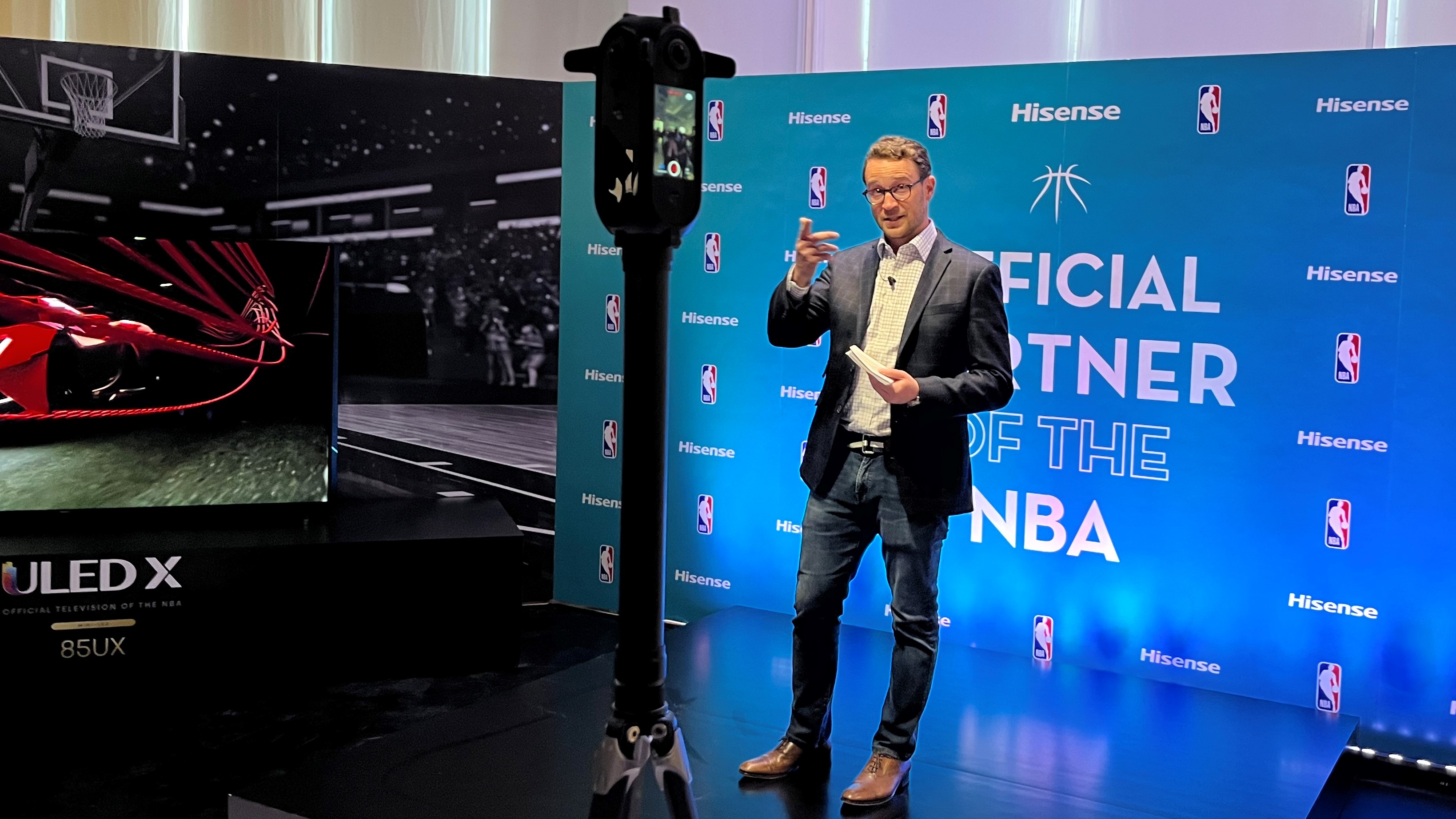 Hisense US CEO David Gold announced the brand's sponsorship of the NBA next to the ULED X TV