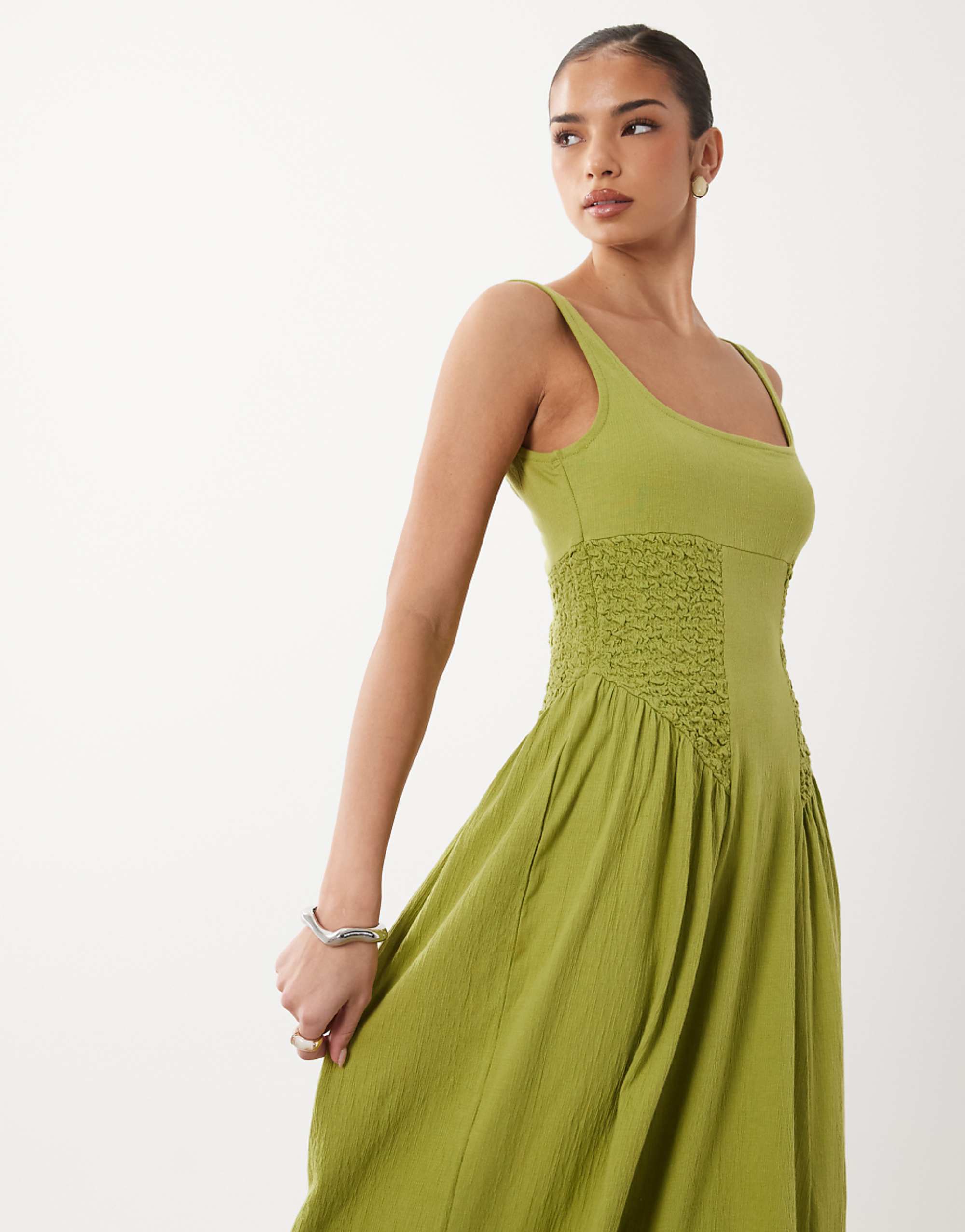 Asos Design Crinkle Square Neck Panel Detail Midi Dress in Citrus Green