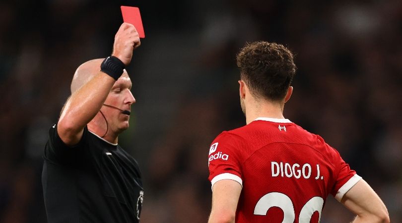 Liverpool&#039;s Diogo Jota is shown the red card against Tottenham in the Premier League in September 2023.