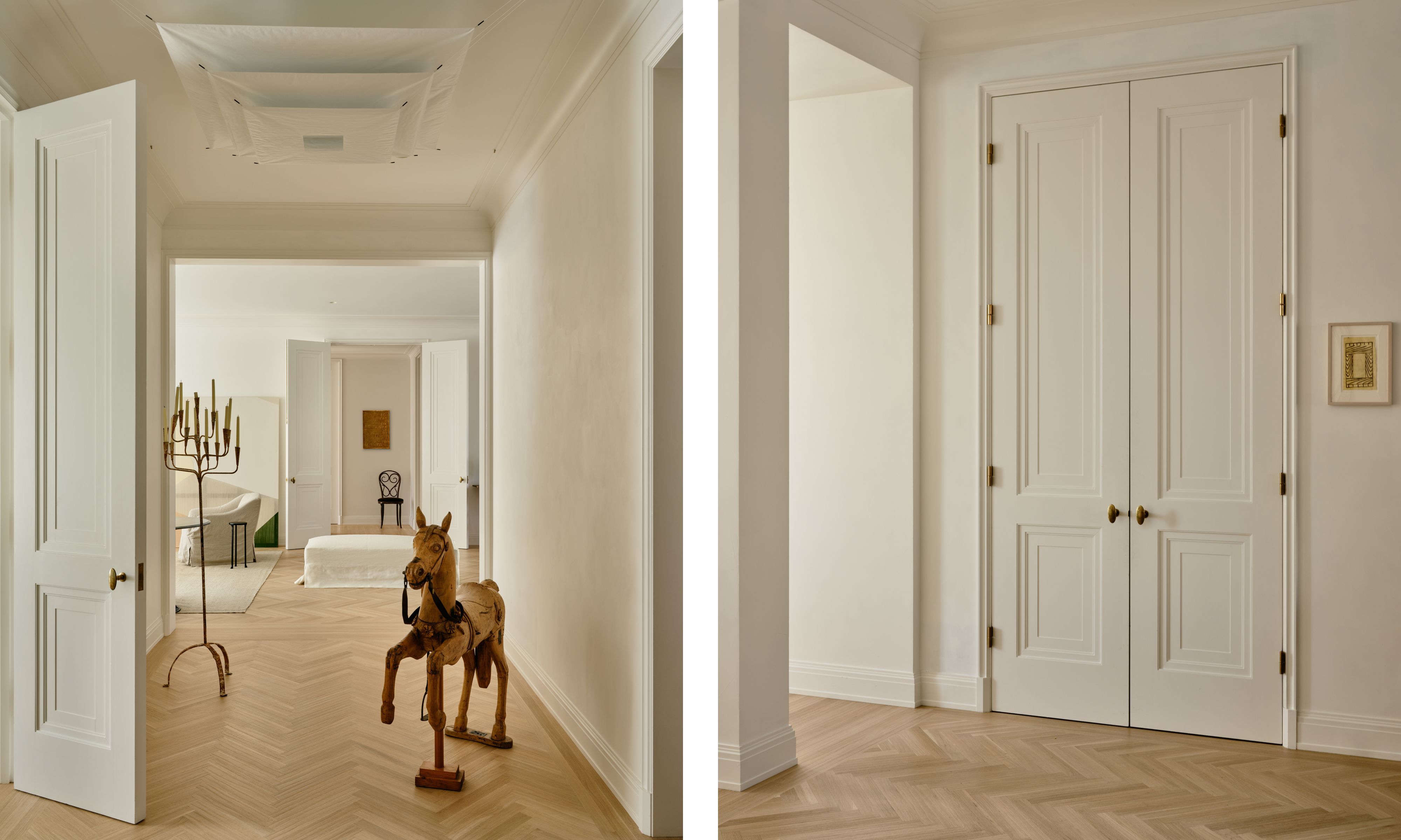 two pictures next to each other. On the left, a plain white entryway with wood flooring and a rocking horse. On the right, the doors out of the apartment remain closed