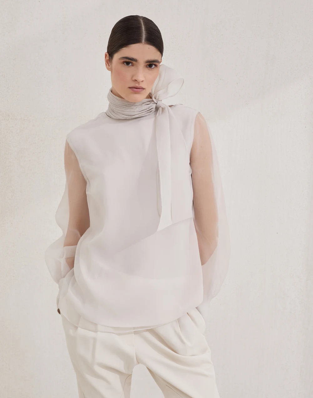 Brunello Cucinelli, Crispy Silk Pussybow Blouse