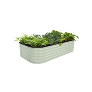 Ribbed rectangular galvanized raised garden bed with rounded corners in off white