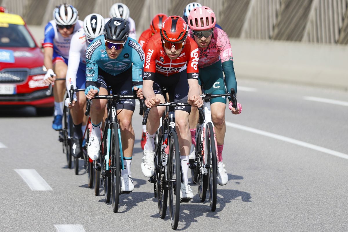 Paris Nice 2022 - 80th Edition - 5th stage Saint Just Saint Rambert - Saint Sauveur de Montagut 188,8 km - 10/03/2022 - Harm Vanhoucke (BEL - Lotto Soudal) - Franck Bonnamour (FRA - B&amp;B Hotels - KTM) - Owain Doull (GBR - EF Education - EasyPost) - photo Luis Angel Gomez/SprintCyclingAgency&Acirc;&copy;2022