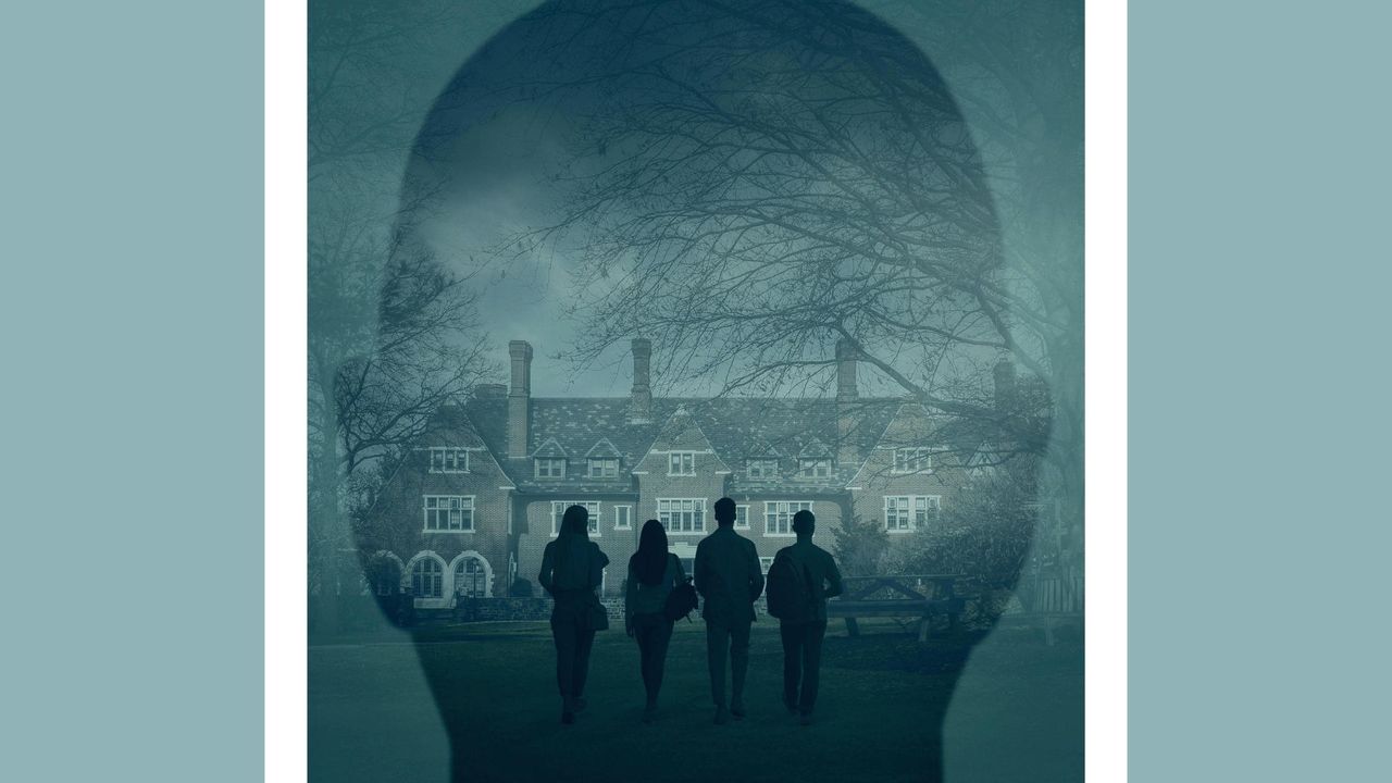 Stolen Youth Hulu press art; college students silhouettes against the backdrop of Sarah Lawrence College and a shadow of Larry Ray&#039;s headshot