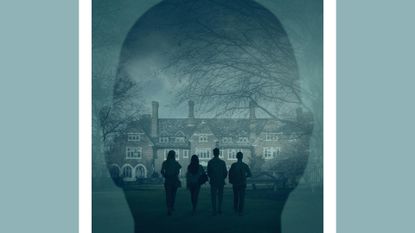 Stolen Youth Hulu press art; college students silhouettes against the backdrop of Sarah Lawrence College and a shadow of Larry Ray's headshot