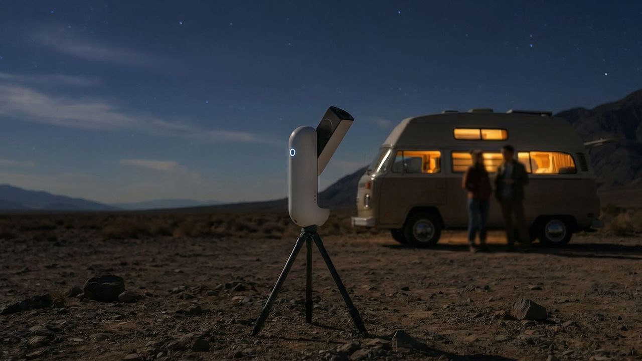 The Vaonis Vespera III with a starry backdrop and a campervan with lights on in the background.