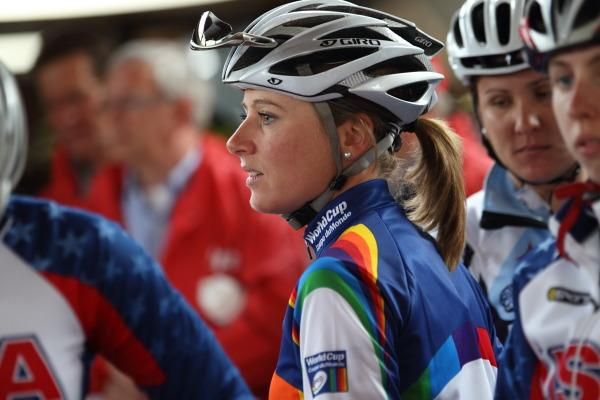 Annemiek Van Vleuten (Nederland Bloeit) in the World Cup leader jersey waits to be presented