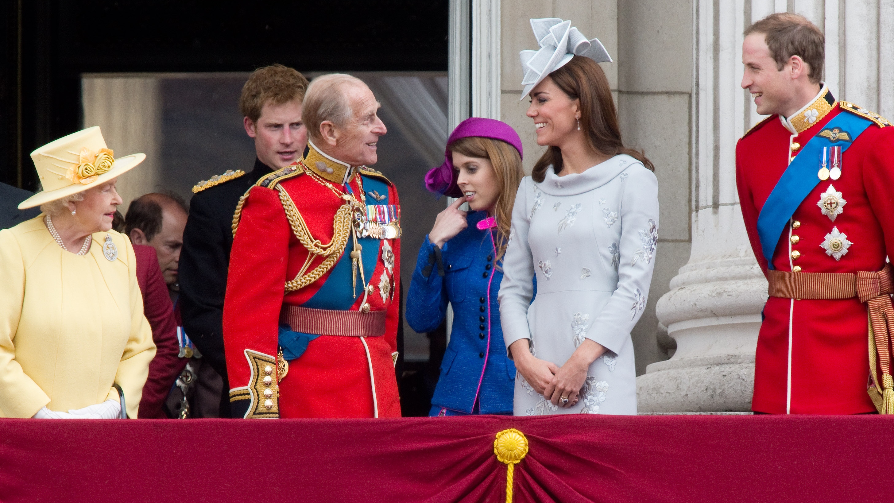 Queen Elizabeth II, Prince Harry, Prince Philip, Princess Beatrice, Catherine, Princess of Wales and Prince William stand on the balcony of Buckingham Palace during the Trooping the Colour ceremony on June 16, 2012