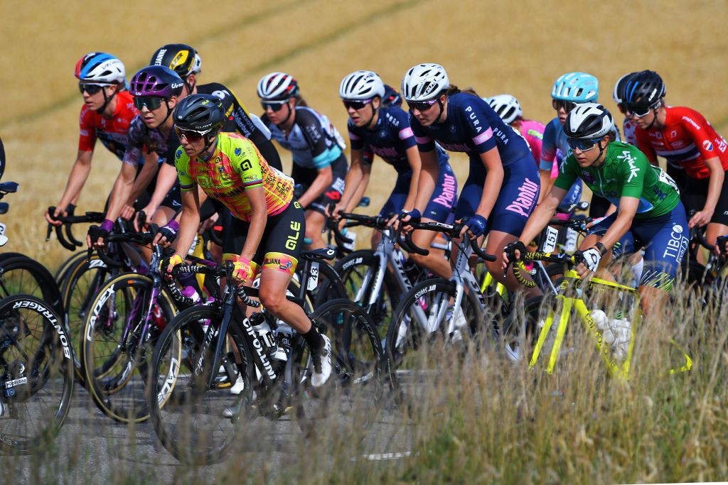 HALDEN NORWAY AUGUST 15 Tatiana Guderzo of Italy and Team Ale Btc Ljubljana and Kristen Faulkner of United States and Team Tibco Silicon Valley Bank Green Points Jersey during the 7th Ladies Tour Of Norway 2021 Stage 4 a 1416km stage from Drbak to Halden LTourOfNorway LTON21 UCIWWT on August 15 2021 in Halden Norway Photo by Luc ClaessenGetty Images