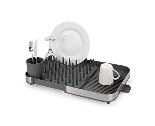 Joseph Joseph Duo Expanding Dish Drainer Rack With Removable Cutlery Holder, Draining Spout, Stainless-Steel/grey