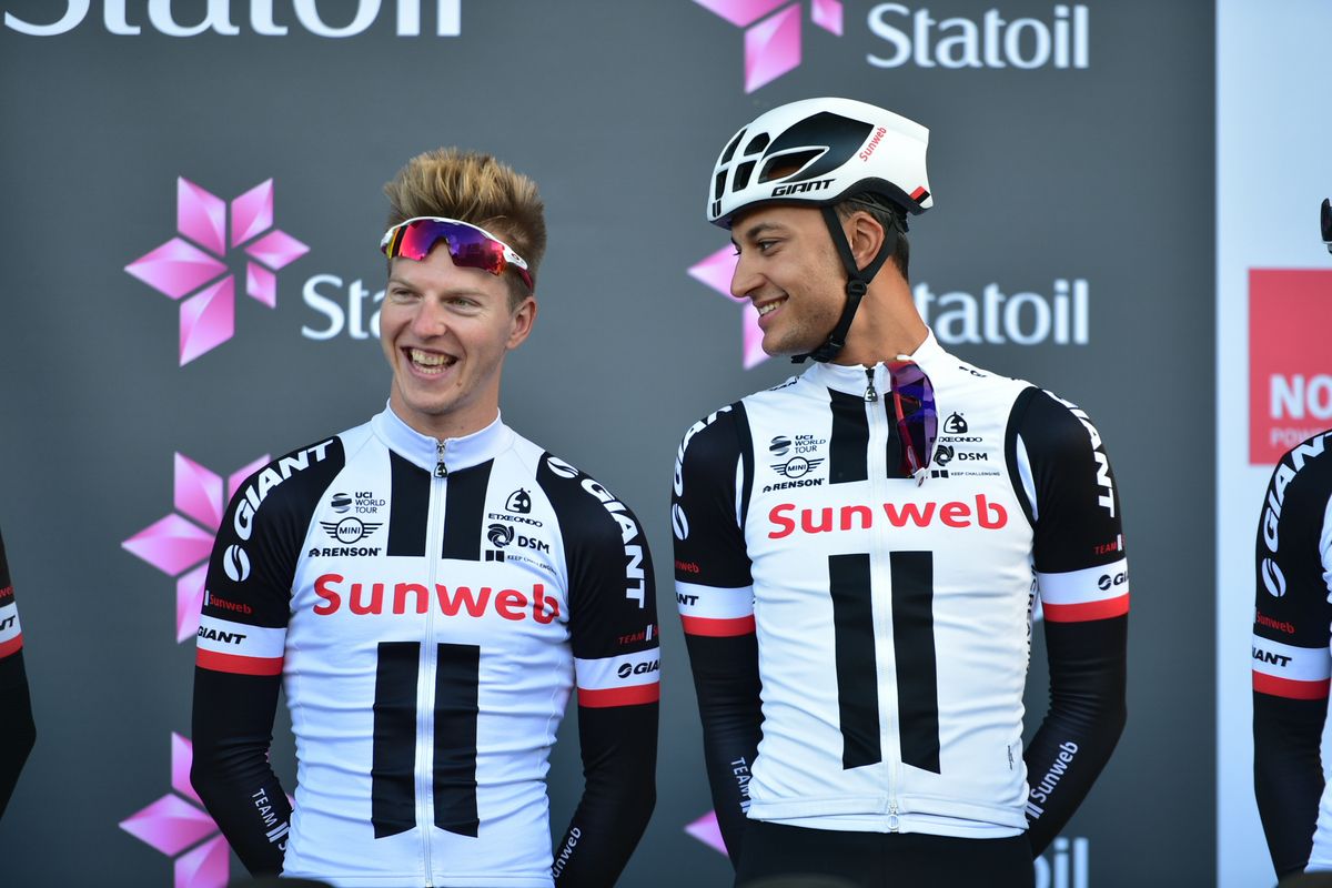 Team Sunweb's Zico Waeytens and Leon Rohde enjoy the podium time
