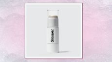 Glossier Haloscope In Moonstone in a white and pink, glittery template