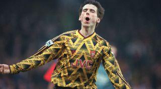 Alan Smith of Arsenal celebrates a goal, 1993