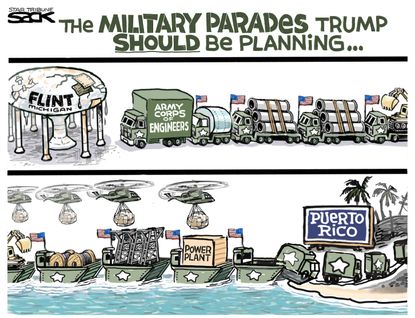Political cartoon U.S. Trump military parade Puerto Rico Hurricane Maria Flint Michigan water