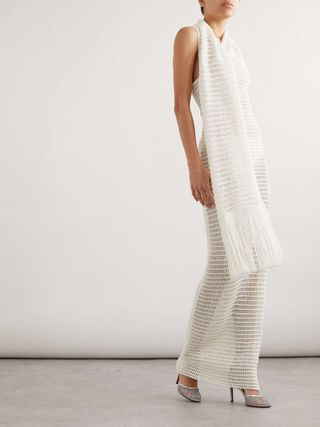 Alaïa Fringed Draped Open-Knit Maxi Dress