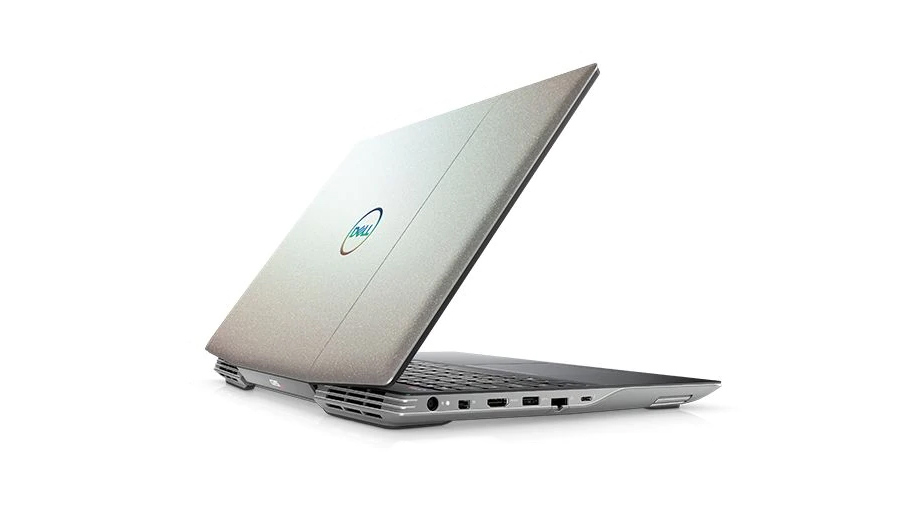 Dell G5 15 SE (2020) on a white background. The gaming laptop is turned to the side, where you can see the ports, along with the Dell logo on the back of the laptop. You can also see the venting on the back of the device.