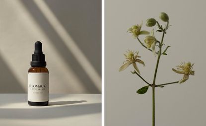 Flomacy floral remedy tincture in brown bottle, next to image of yellow flower with green steam against a grey background