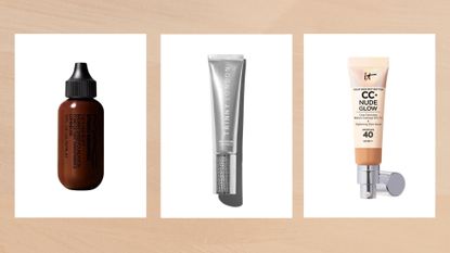 Collage of three of the best foundations featured in this guide from (left to right) MAC, Trinny London and IT Cosmetics, set in vertical boxes against a warm beige watercolour-style background