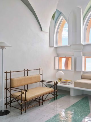 bench sofa inside Infinito Suite at Palazzo Avino