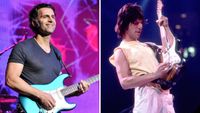 Dweezil Zappa [left] and Jeff Beck, both playing Strats. Zappa recently recounted a costume part at which both were dressed in chainmail, when Beck dinged a vintage Strat