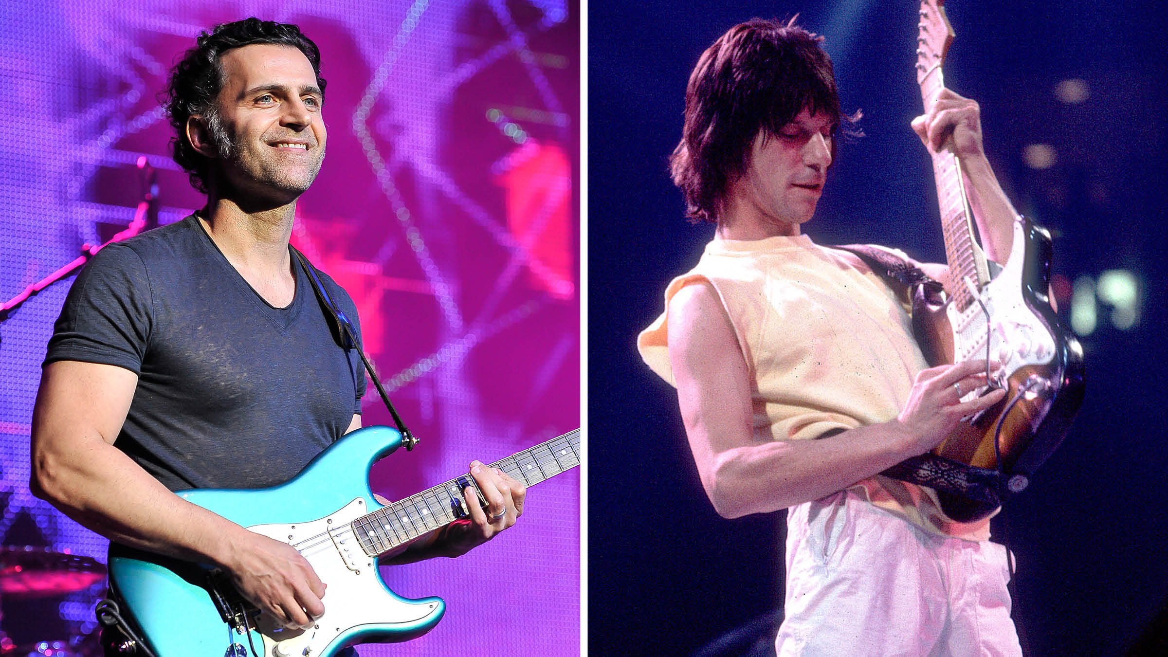 Dweezil Zappa [left] and Jeff Beck, both playing Strats. Zappa recently recounted a costume part at which both were dressed in chainmail, when Beck dinged a vintage Strat