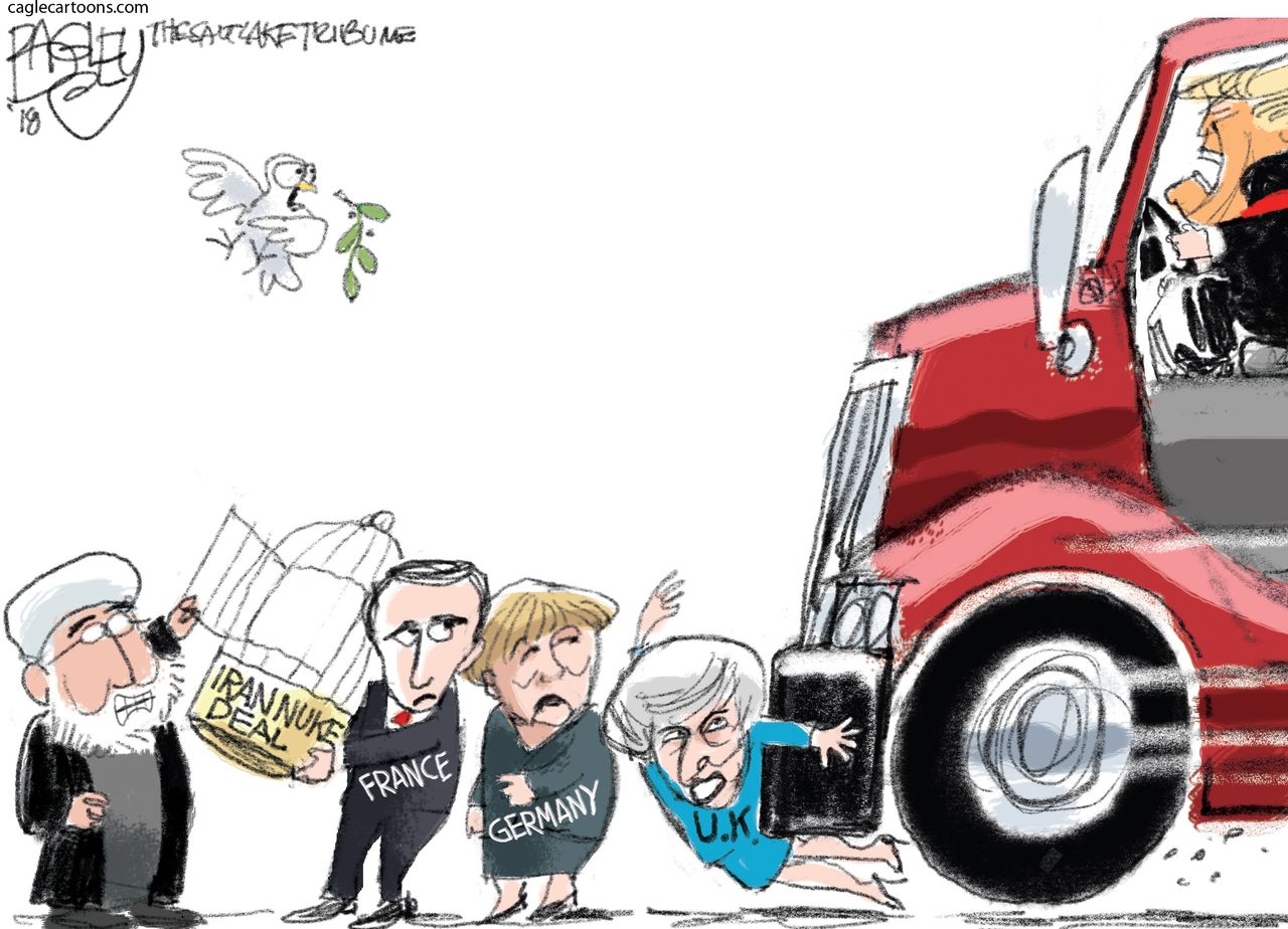 Political cartoon U.S. Trump Iran nuclear deal Theresa May Angela Merkel Emmanuel Macron Hassan Rouhani