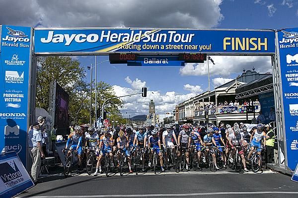 The field of 105 riders assemble on the startline in Ballarat.