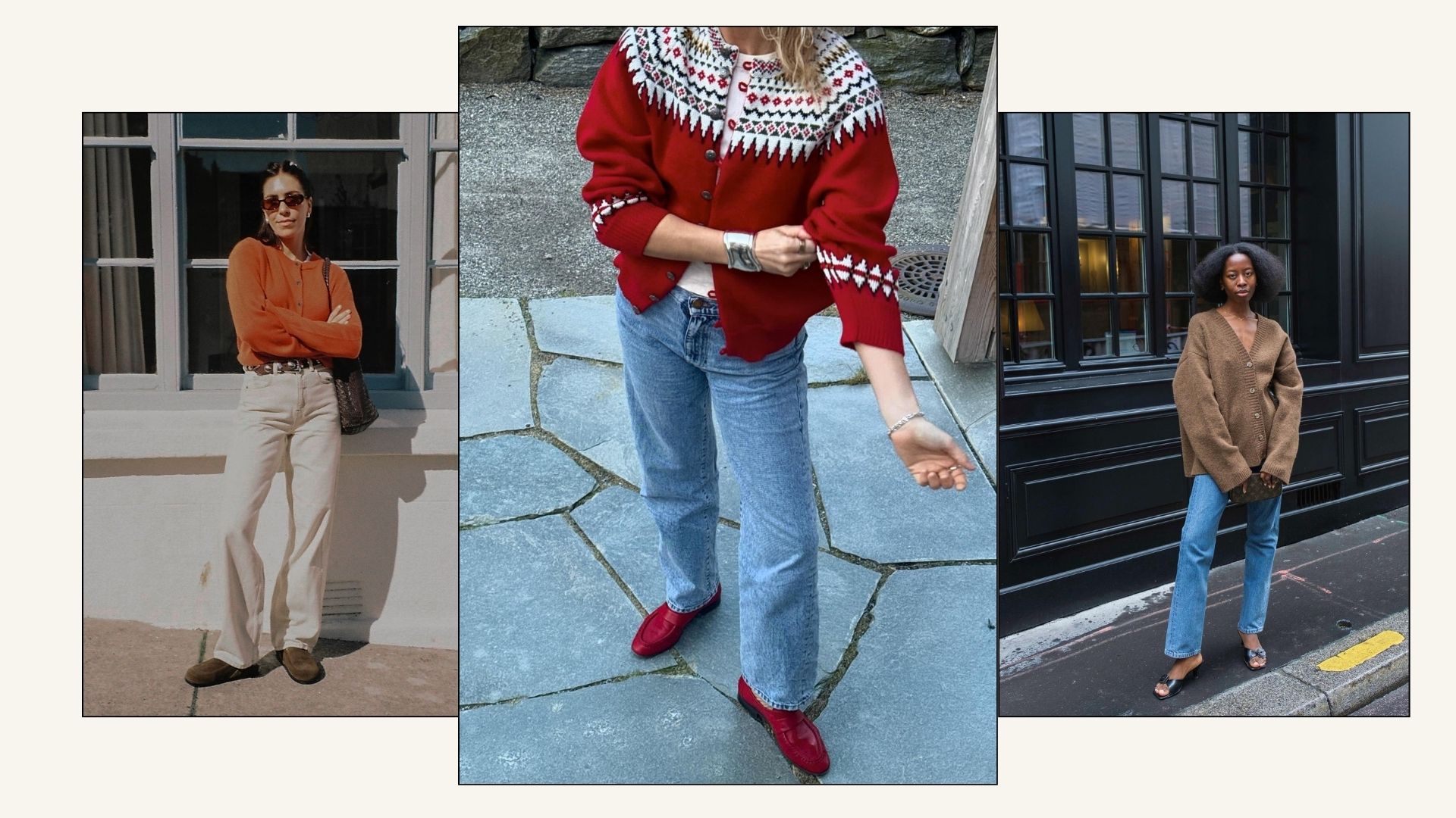 Collage of influencers wearing cardigans with jeans.