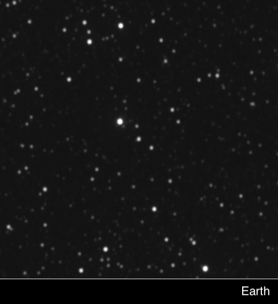 This two-frame animation blinks back and forth between New Horizons and Earth images of the star Proxima Centauri, clearly illustrating the different view of the sky New Horizons has from its deep-space perch.
