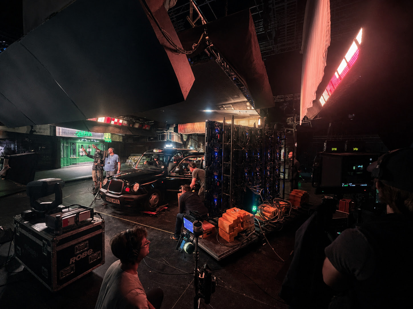 Scenes from the set of a London TV show virtually produced in the streets of London.