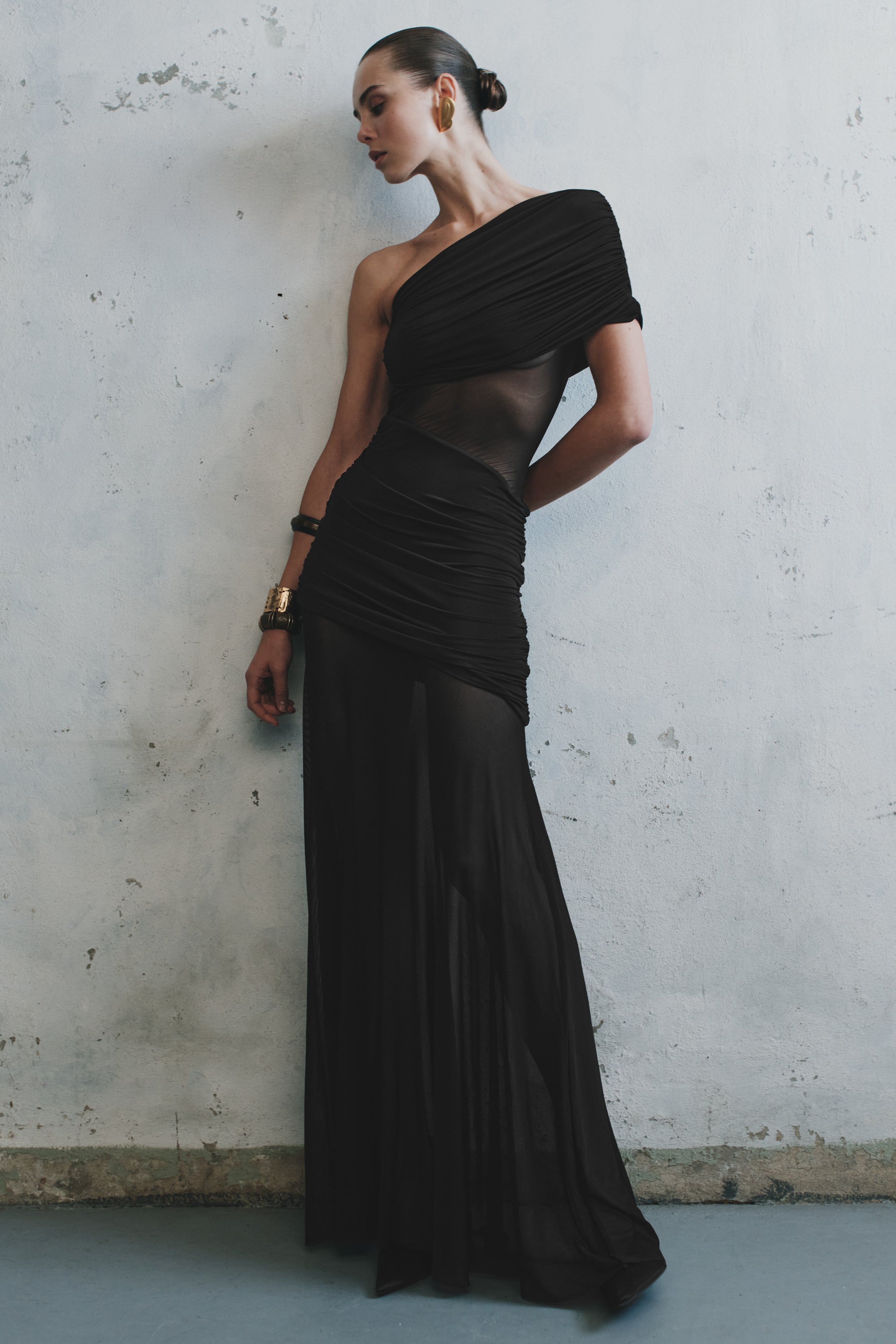 Dallas One Shoulder Mesh Maxi Dress - Black Xxs