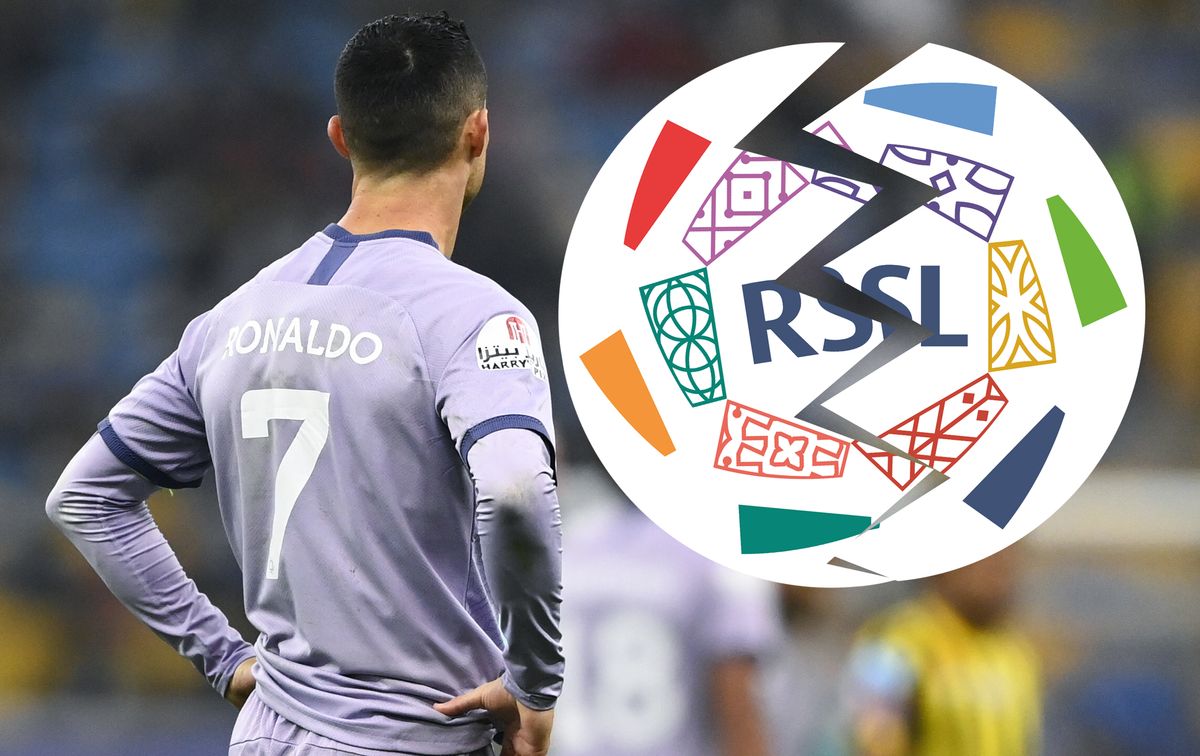 Cristiano Ronaldo with a cracked Saudi Pro League logo