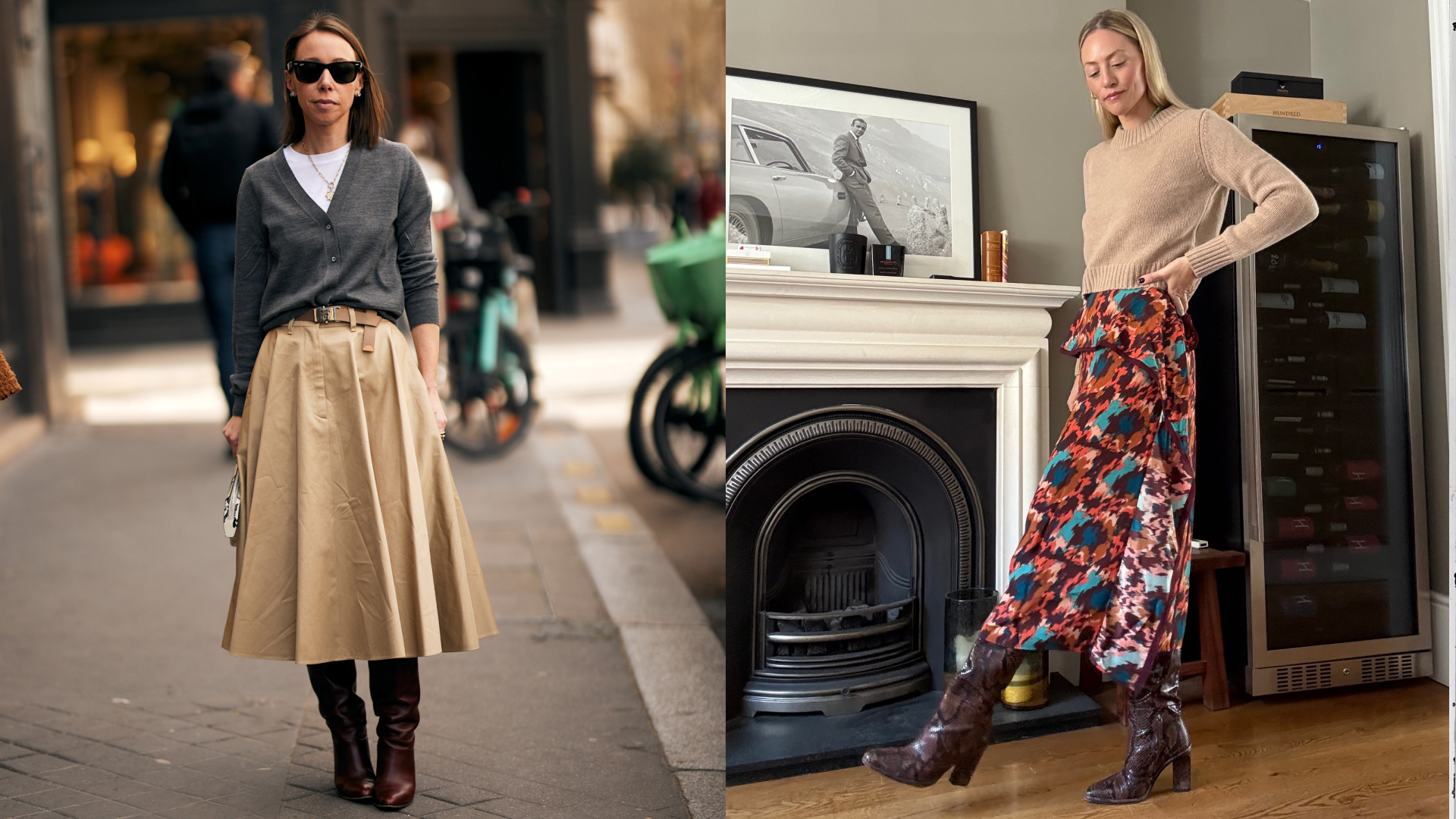 outfits of knee high boots and midi skirts