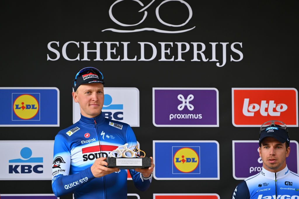 SCHOTEN BELGIUM APRIL 03 Tim Merlier of Belgium and Team Soudal QuickStep celebrates at podium as race winner during the 112th Scheldeprijs 2024 Mens Elite a 2053km one day race from Terneuzen to Schoten on April 03 2024 in Schoten Belgium Photo by Luc ClaessenGetty Images