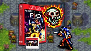 Evercade Piko Interactive Collection 1 next to sprites and Brave Battle Saga gameplay in backdrop.