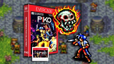 Evercade Piko Interactive Collection 1 next to sprites and Brave Battle Saga gameplay in backdrop.
