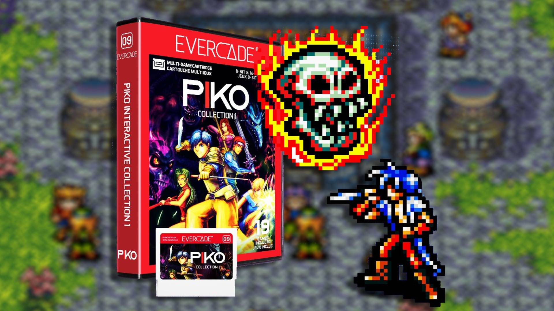 Evercade Piko Interactive Collection 1 next to sprites and Brave Battle Saga gameplay in backdrop.