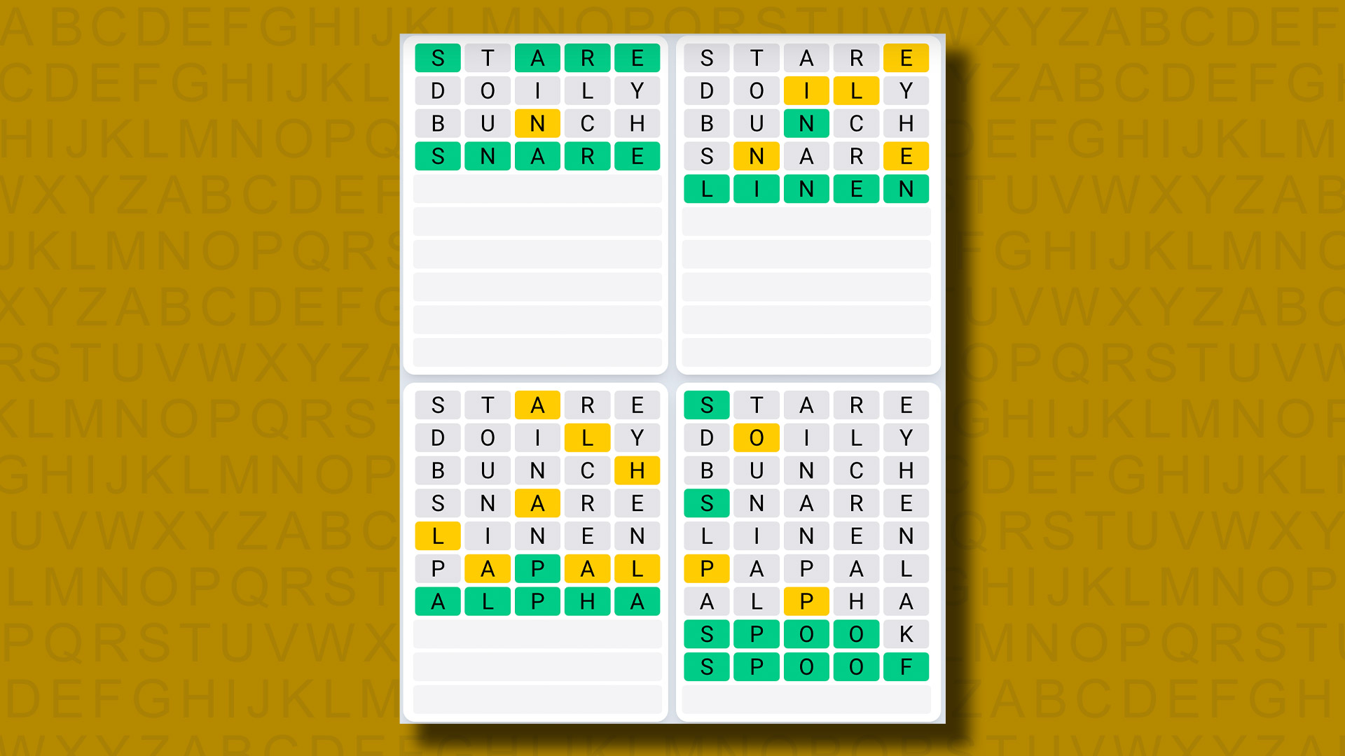 Quordle daily sequence answers for game 856 on a yellow background