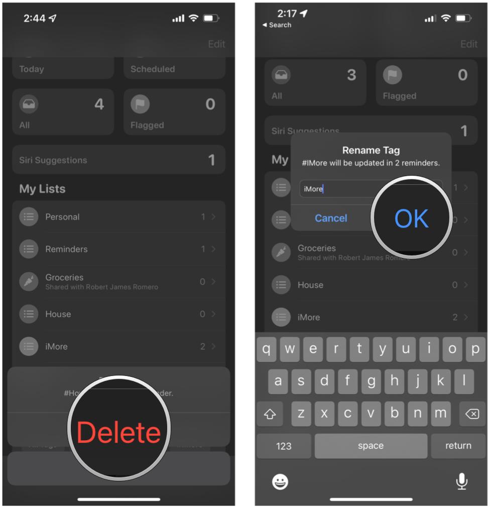 Delete or rename a tag in Reminders on iPhone by showing: Tap Delete to confirm, or type in a new name, then tap OK for renaming