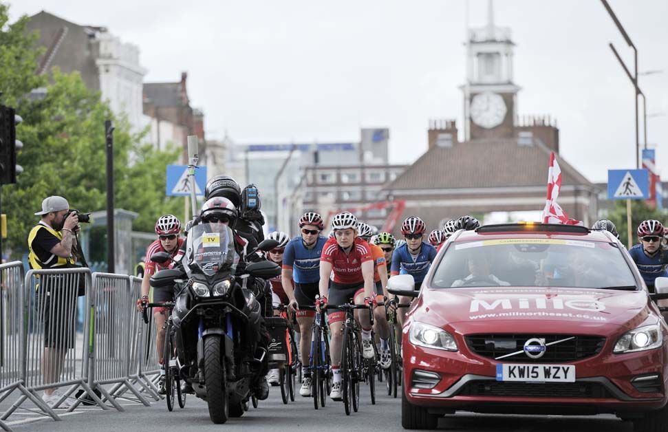 The peloton departs Stockton on Tees