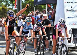 Tauranga’s Courteney Lowe prevails in a sprint finish to win the women’s road race at the Calder Stewart Road Championships in Christchurch.