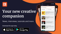 Your new creative companion text with mobile screens with the CB app on it and buttons to download on the App or Google Play stores.