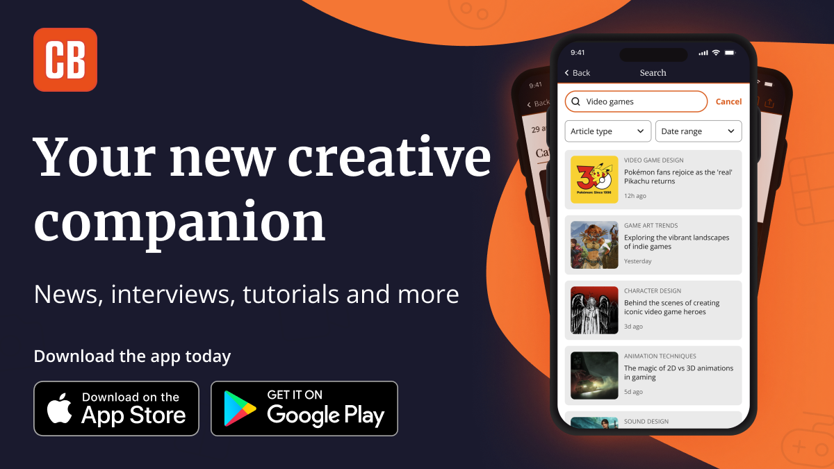 Your new creative companion text with mobile screens with the CB app on it and buttons to download on the App or Google Play stores.